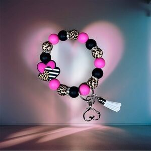 Leopard & Striped Tri Heart Valentines Beaded Wristlet Keychain